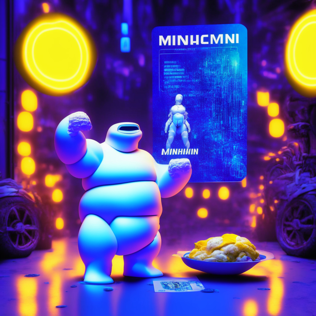Futuristic NFT-inspired scene, Michelin Man holding digital membership card, Ethereum logo, exclusive food guide, ambient lighting, vivid colors, cyberpunk atmosphere, energetic mood, virtual realm backdrop, innovative web3 technology, hints of augmented reality, lottery and community challenges.
