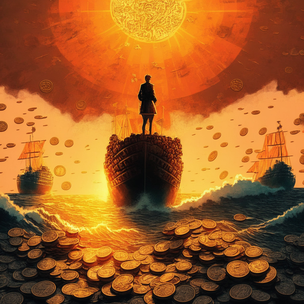 Rising sun over a vast sea of coins, Senator standing firm, Bitcoin as a dominant ship, inflation waves crashing, check on government spending in the background, warm colors symbolizing optimism, contrast with dark looming presence of governmental control, mood of confidence and defiance.