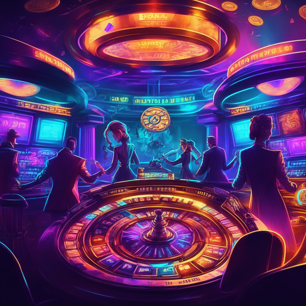 Crypto casino scene with diverse games, futuristic roulette and slot machines, players utilizing digital currencies, anonymous environment, vibrant colors reflecting excitement, soft evening glow highlighting the action, artistic noir style, secure and efficient transactions, energetic and welcoming atmosphere.