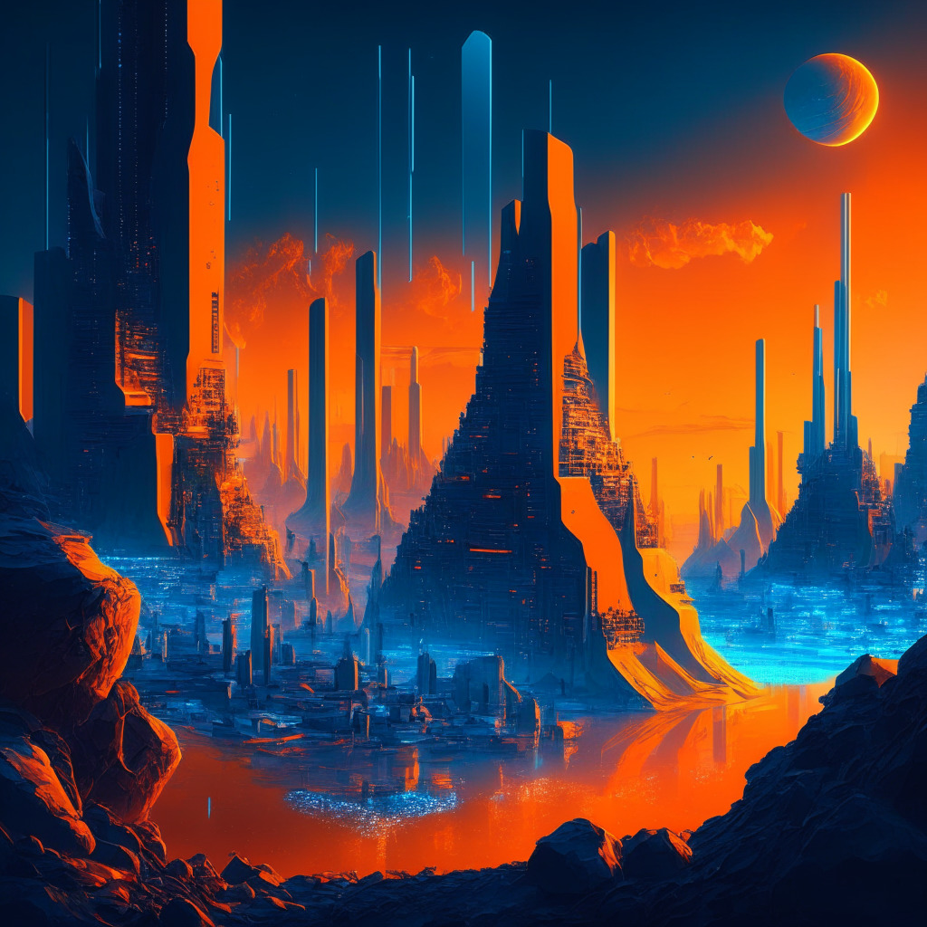 Futuristic digital landscape, Bitcoin halving countdown, 75% progress, glowing orange and blue hues, virtual mining city at dusk, dynamic perspective, low-angle view, anticipation-filled atmosphere, crypto-symbolism, soft light accents, harmonious contrast between progression and halving cycle.