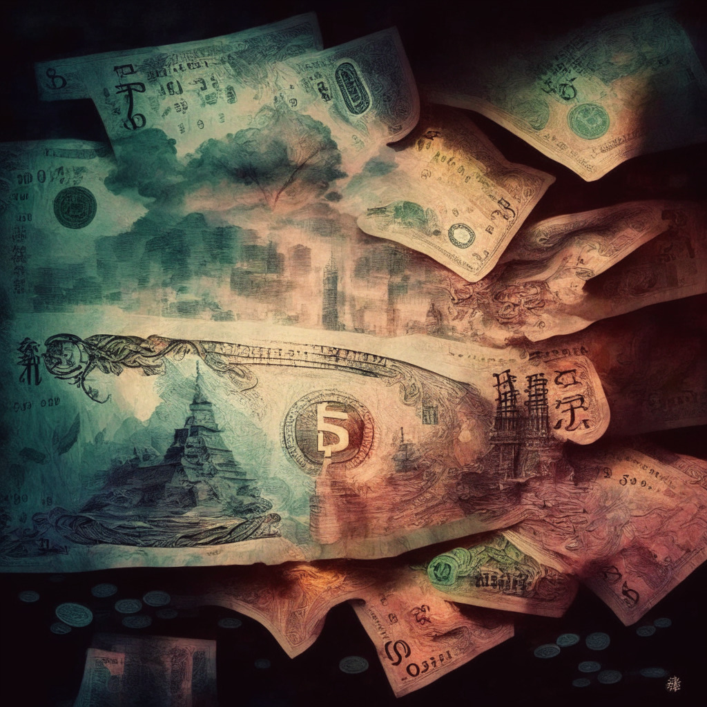 Intricate currency scene, Chinese yuan, Euro, US dollar, subtle power struggle, soft color palette, twilight glow, elegant brushstrokes, balanced composition, mood of change and uncertainty, global reserve currency evolution.