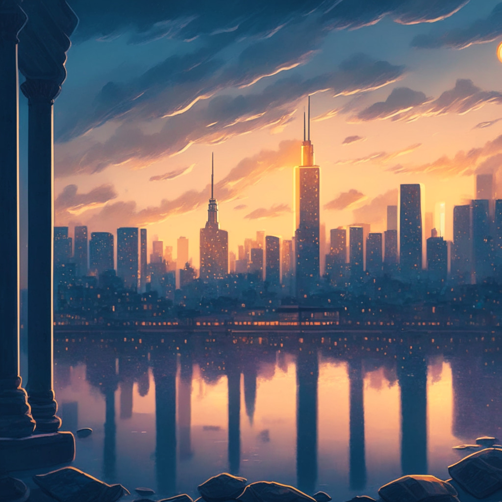 Bitcoin hovering above $29K, calm weekend for altcoins, trading volumes low, BTC dominance at 47%, serene market scene. Setting: twilight on a city skyline, Art Style: impressionistic, Mood: tranquility, subtle cryptocurrency icons with soft glows, peaceful city life thriving below.