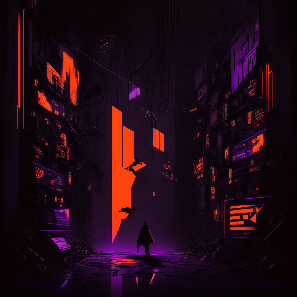 Cryptocurrency exploit scene, sleek noir atmosphere, dark cityscape, orange and purple hues, tense mood, hacked computer terminal, shadows in alleyways, stylized digital art, chaotic market graphs, fallen tokens, Ethereum logo looming ominously, intense contrast of light and darkness.