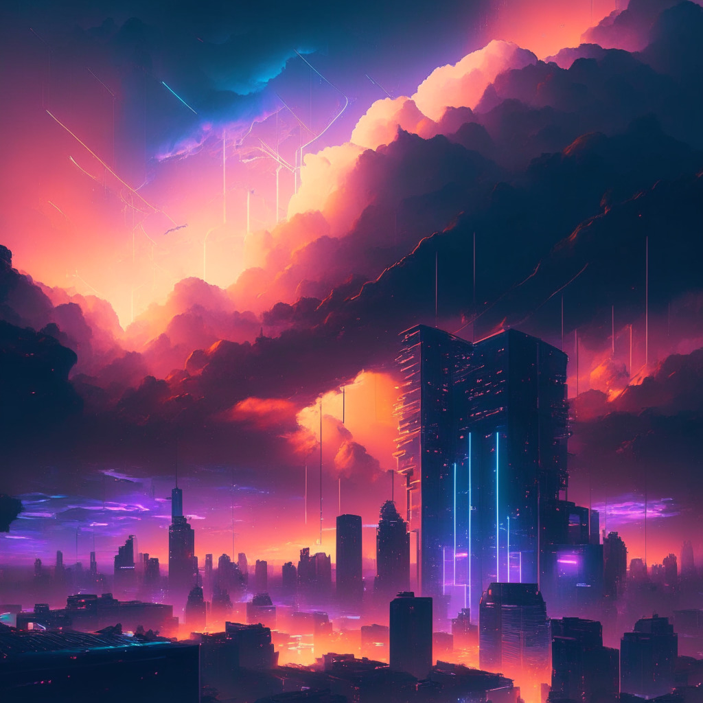 Futuristic cityscape glowing with Web3 networks, startups scaling rapidly, ethereal cloud-scape overhead, cyberpunk aesthetic, warm hues contrasting with cool tones, dynamic innovations highlighted by radiant beams, energetic atmosphere, a sense of collaboration and growth, dusk settling, showcasing cloud credits raining upon the skyline.