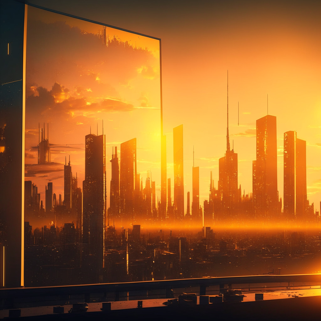 Golden-hued sunset skyline, futuristic city, prominent cryptocurrency ticker on LED billboard, subtle hints of urban calm, subdued excitement in the air, looming potential volatility, mix of optimism & cautiousness. Artistic style: blend of cyberpunk & realism. Mood: anticipatory, tranquil.