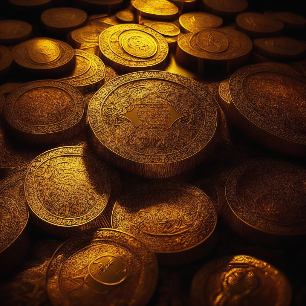 Golden digital tokens in Zimbabwe, intricate Baroque style, glowing warm light, dramatic contrasts, opulent mood, central bank vault, piles of physical gold coins, e-wallets & cards, store of value, means of payment, rich textures, ornate patterns, people trading P2P and P2B, sense of stability.