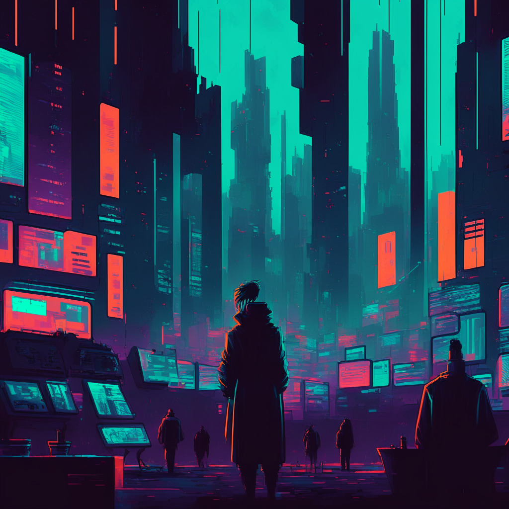 Dimly lit, dystopian crypto-market scene, NFT collections on digital screens, contrasting vibrant colors, mix of Classic and Pixel art styles, focus on declining graphs, pockets of growth, solemn mood, futuristic metropolis atmosphere, artistic blend of success and struggle, rays of hope amidst decline.