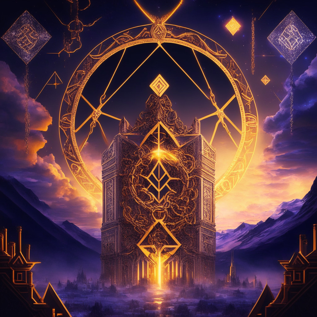 Cross-chain protocol launch, metaverse unit loss, crypto regulation contrast, Architectural design featuring interconnected chains, golden Ethereum and Avalanche symbols, glowing Solana emblem, dusk sky with a mix of warm and cool tones, Baroque-inspired details, mysterious and visionary atmosphere.