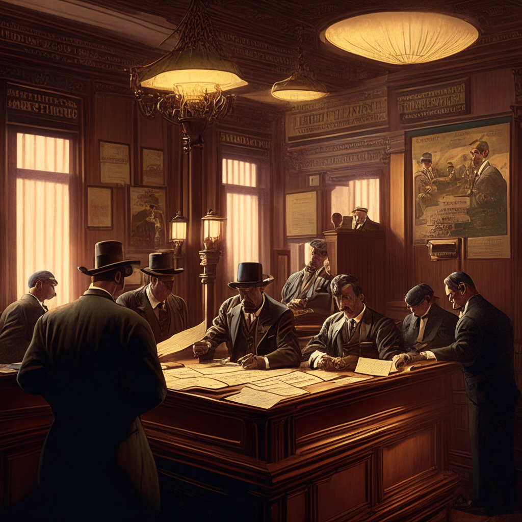 Intricate bank interior, vintage style, warm glowing light, Cross River Bank officials examining documents, focused and serious expressions, ornate wooden furniture, compliance and fair lending laws regulations posters, looming FDIC order in background, subdued colors, tense atmosphere, sense of urgency