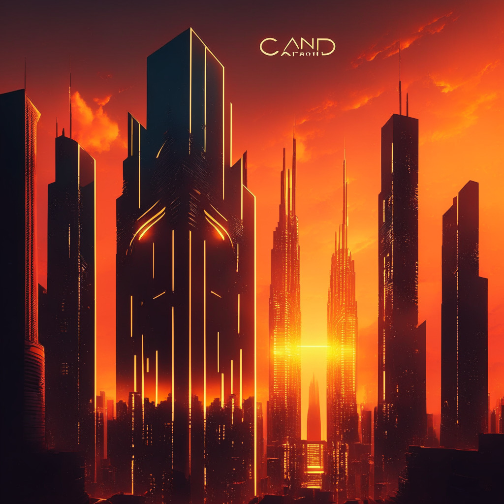Futuristic finance cityscape, DeFi platforms as skyscrapers, Liqwid Finance tower stands out, Cardano logo subtly integrated, neon glow surrounding buildings, setting sun casts warm amber light, vibrant digital art style, mood of growth & innovation, 350 characters max.