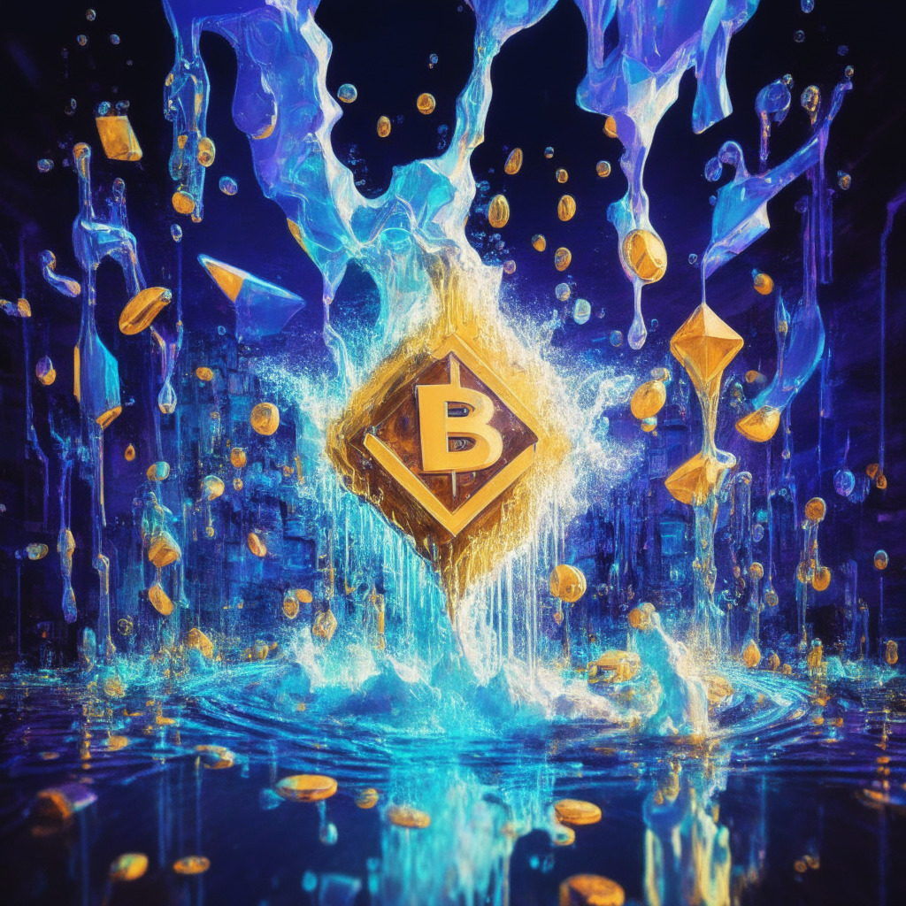 Ethereum liquid staking surge after Shapella upgrade, value of assets locked reaching $16 billion, Lido dominating market with 73.6% share, Binance joins as tenth largest platform. Setting: artistic cryptocurrency city, light shining on staking platforms, vibrant colors, energetic mood.