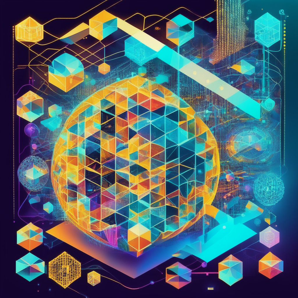 Intricate blockchain scene, Mastercard Crypto Credential, Web3 interactions, diverse partners, aliases for wallet addresses, metadata enrichment, confident atmosphere, colorful geometric design, radiant light, secured cross-border transactions, artistic style fusing modern tech & finance, key elements harmoniously contributing to trust.
