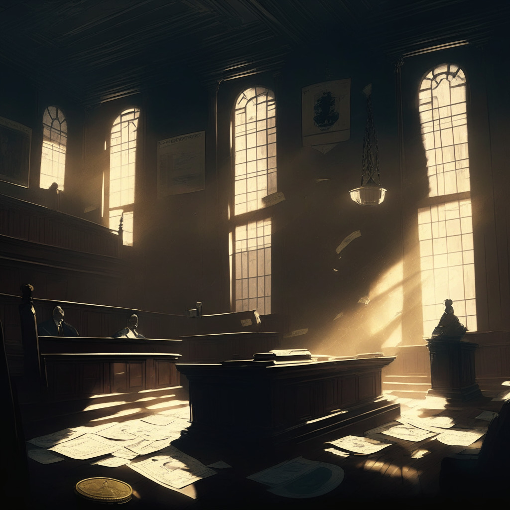Crypto exchange fined, atmospheric courtroom scene, various crypto coins, ICO paperwork scattered, somber mood, diffused lighting with low-key shadows, vintage painting style, hint of tension and justice, misrepresentation theme, striking contrast in claimed vs actual raised funds.
