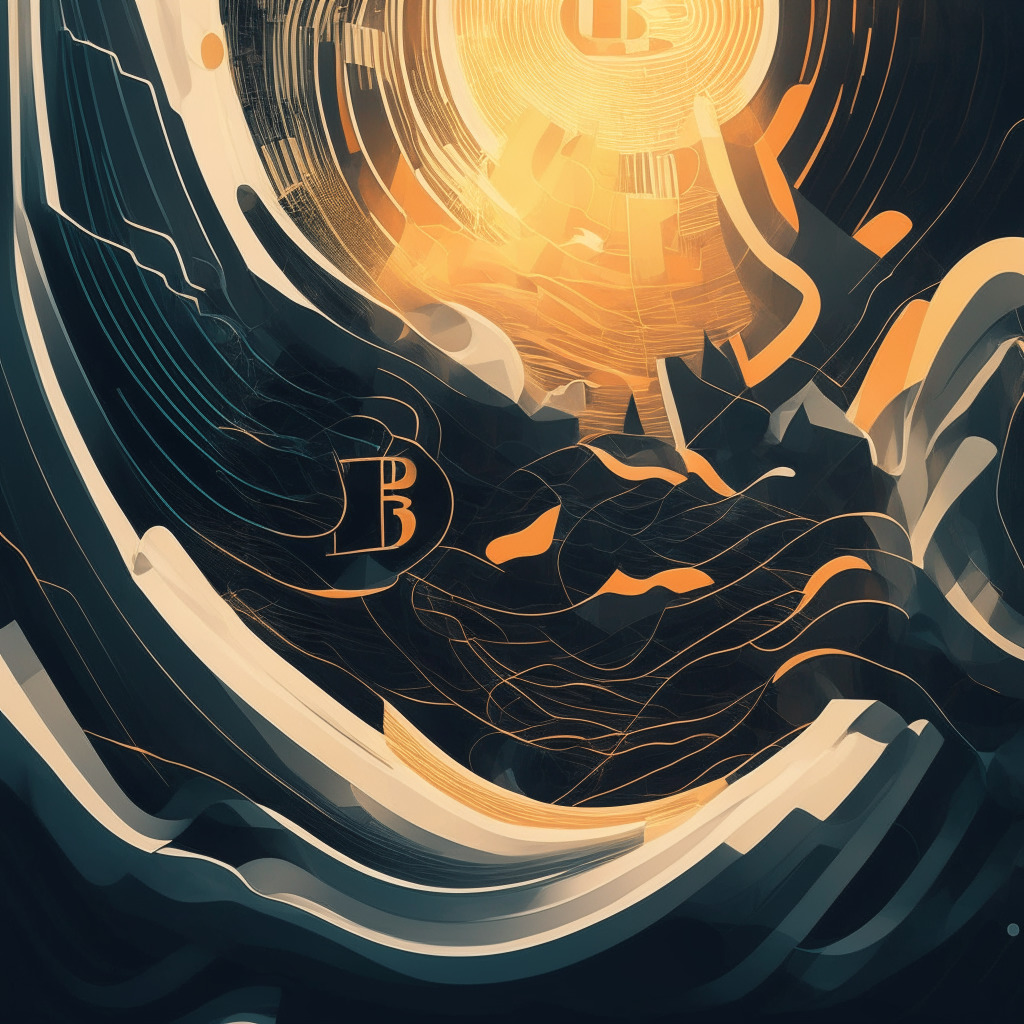Decrypting BTC's future in abstract, dynamic style, contrasting light and shadows to emphasize uncertainty, digital currency fluctuating atmosphere, sharp edges and wavy lines representing buy and sell pressures, bearish and bullish indicators elegantly entwined, overall mysterious mood.