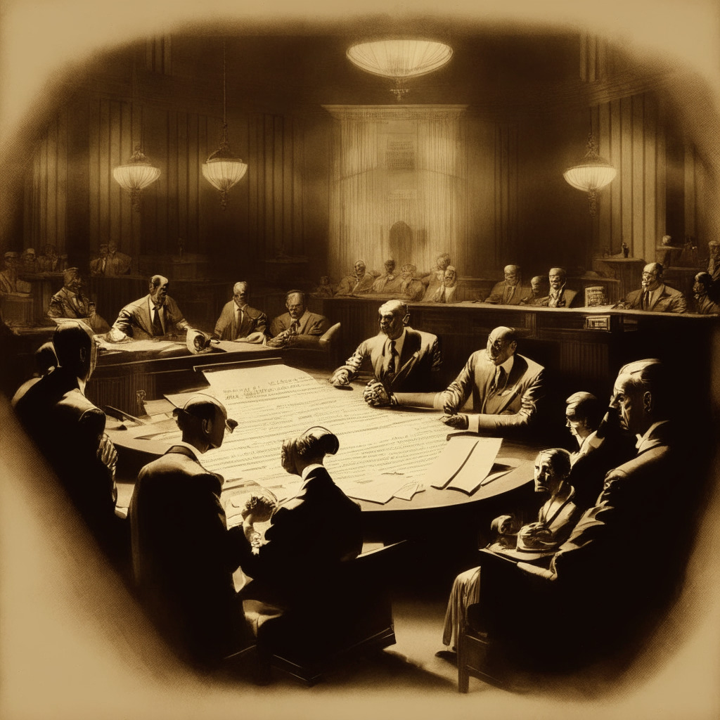 Intricate Federal Reserve meeting scene, 1930s Art Deco style, warm sepia-toned lighting, focused expressions on economists, anticipatory atmosphere, detailed instruments and paperwork, subtle indications of a 25 basis points rate hike, air of finality for 2023 rate raises.