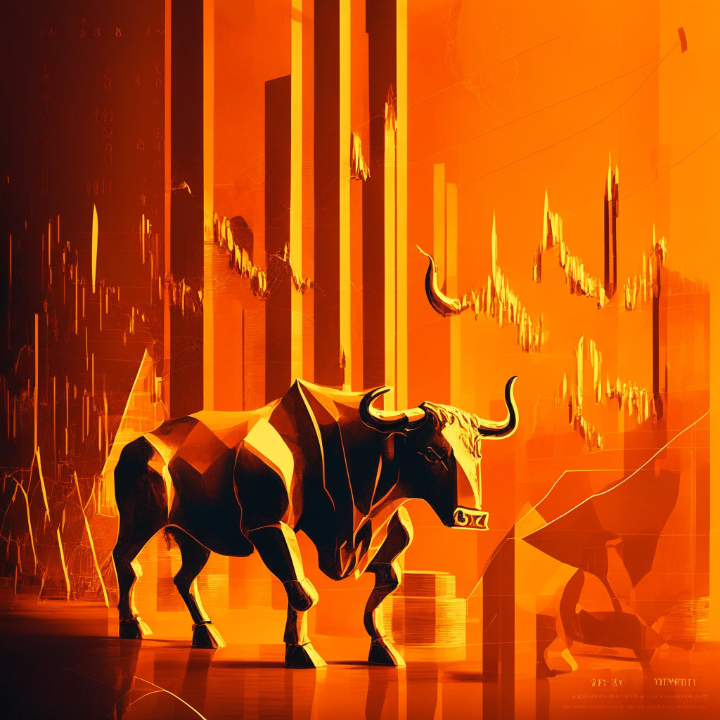 Artistic abstract of rising assets, warm color palette, intricate financial charts, confident bull figurines, subtle shadows, optimistic soft glow, contrast between traditional banking and cryptocurrency, domino effect imagery, slight undertones of uncertainty.