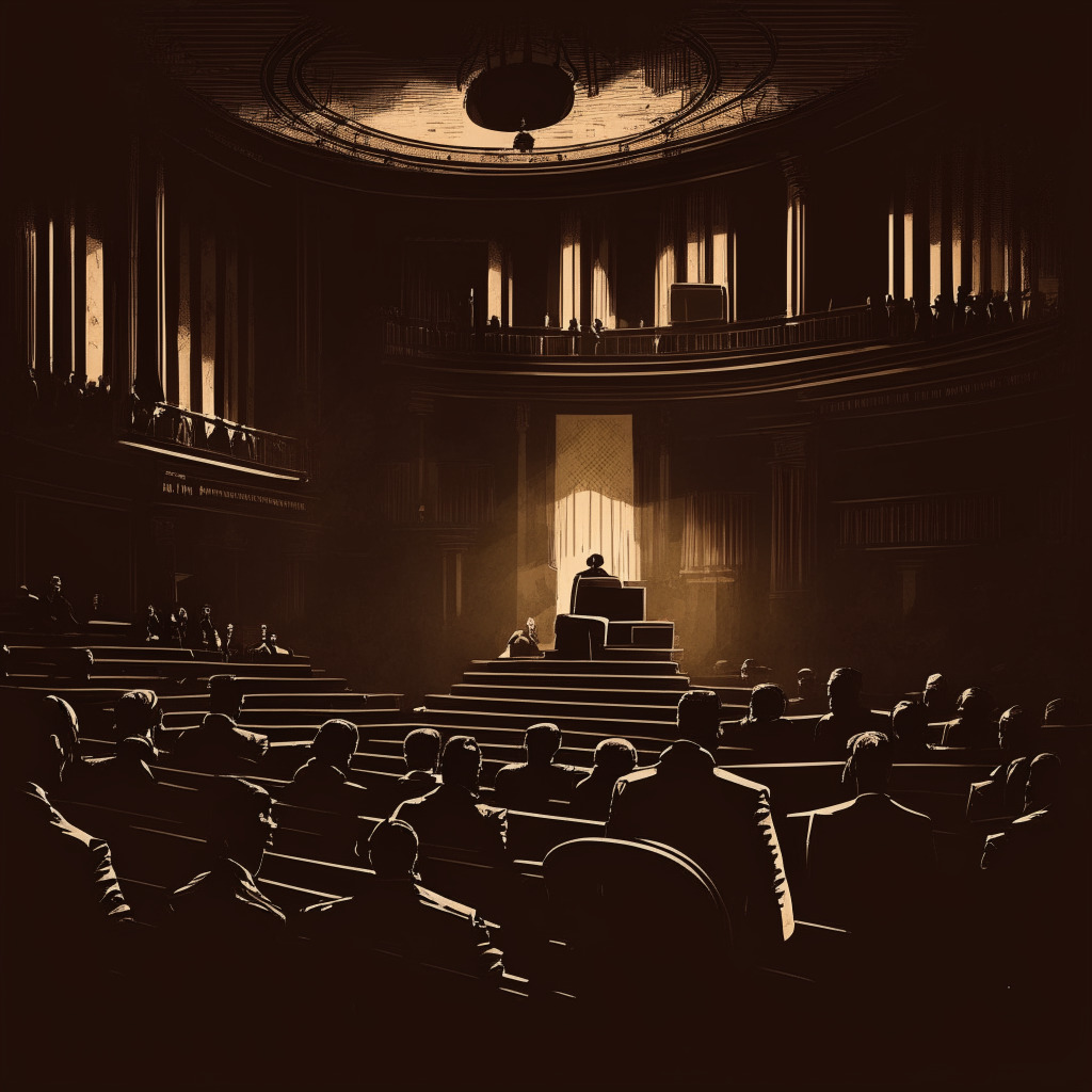 Crypto regulation debate, thoughtful legislators, dark wood-panelled Senate chamber, intense discussion, contrasting light & shadows, concerned crypto enthusiasts, artistic impression of bill in limbo, unresolved tension, air of anticipation, KYC rules infographic, air of uncertainty.