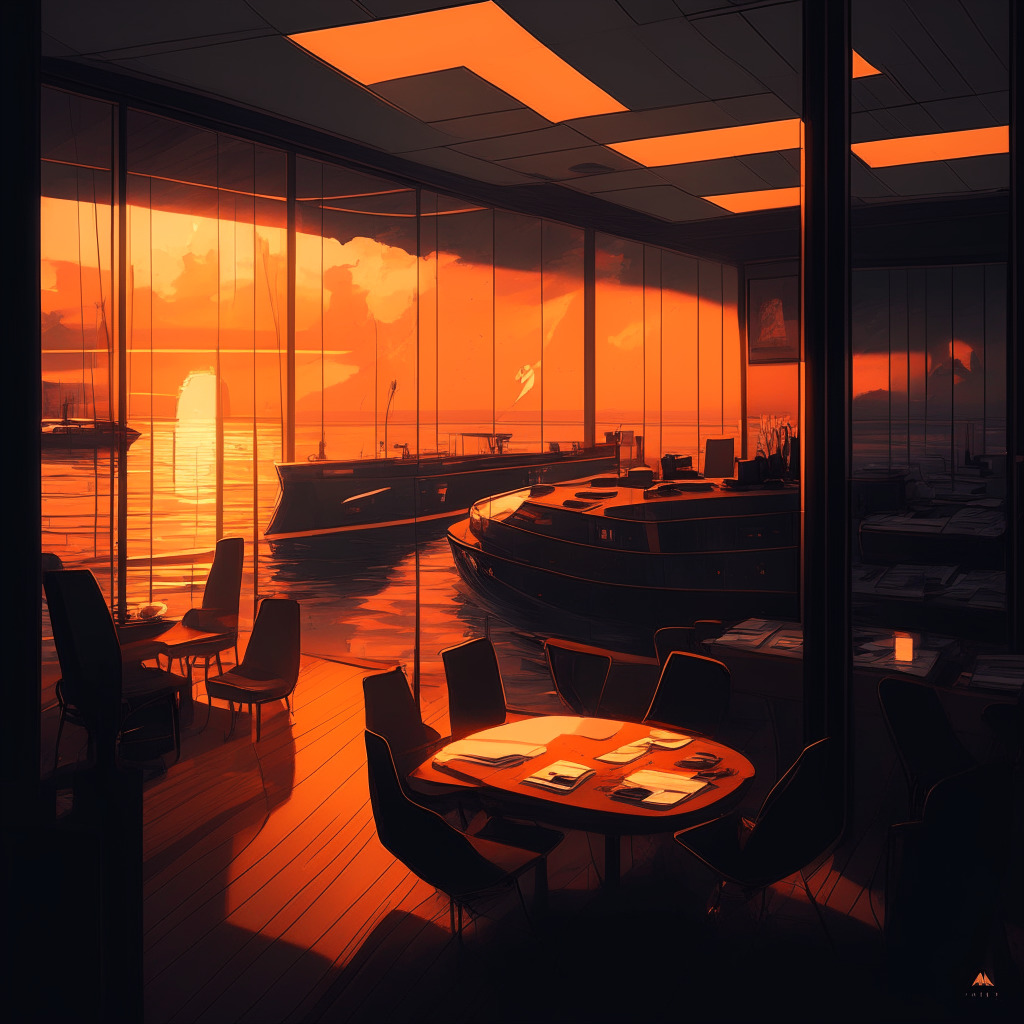 Ethereum-based NFT market decline, Solana NFT sales, top collections Bored Ape Yacht Club & Azuki, moody boardroom, orange-toned evening light, sophisticated artistic styles, sense of market uncertainty, subtle tension in composition, modern digital look.