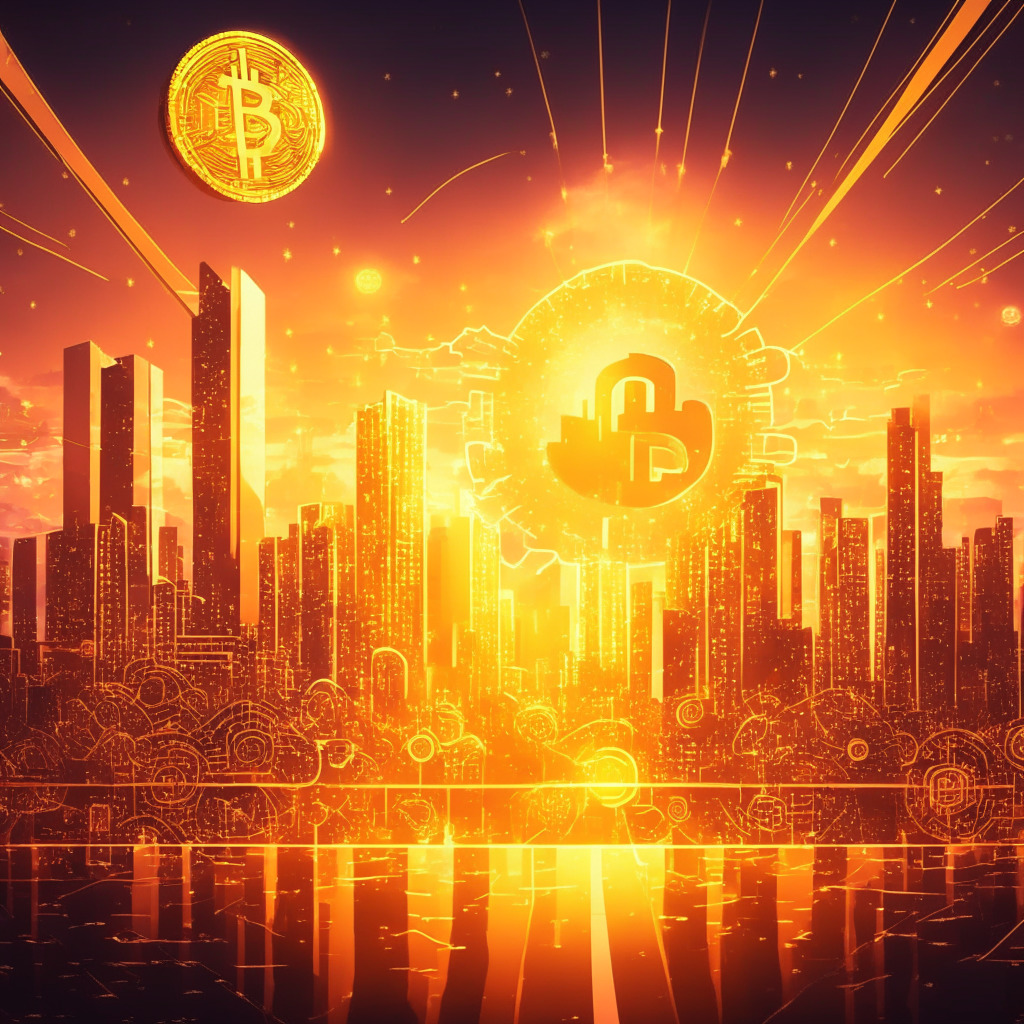 Cryptocurrency scene with warm sunset glow, diverse group operating LN nodes, web UI in the background, ecstatic mood, sense of freedom and accessibility, futuristic cityscape, gold-tinted palette, interconnected pathways illustrate network, Bitcoin logo shining in the sky.