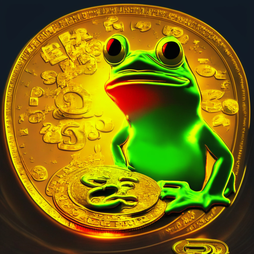 Frog-themed meme coin surging in value, vibrant colors, dynamic composition, Pepe the Frog character with a triumphant expression, bar chart showing 152.9% growth, glowing golden coins, artistic currency symbols, contrasting shadows, positive and energetic mood, radiant light representing financial success.