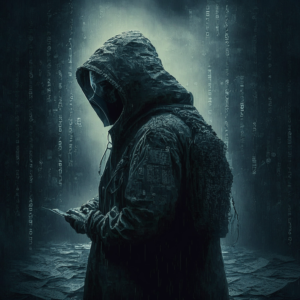 Mysterious Bitcoin hacker, digital battleground, Russian wallets breached, 1,000 BTC addresses, OP_RETURN network feature, Ukrainian war volunteers supported, dynamic chiaroscuro, cyber espionage, uneasy mood, delicate texturing, permanent cryptographic messages, subtle smoky atmosphere.