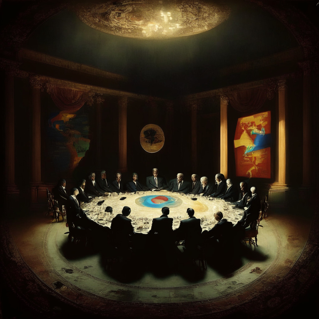 BRICS countries discussing new currency, 2023 agreement possibility, de-dollarization efforts, diminishing US dominance, economic bloc expansion. Scene: Diverse leaders at round table in dimly lit room, currency symbols floating above, Baroque painting style, soft chiaroscuro lighting, mood of strategic anticipation.