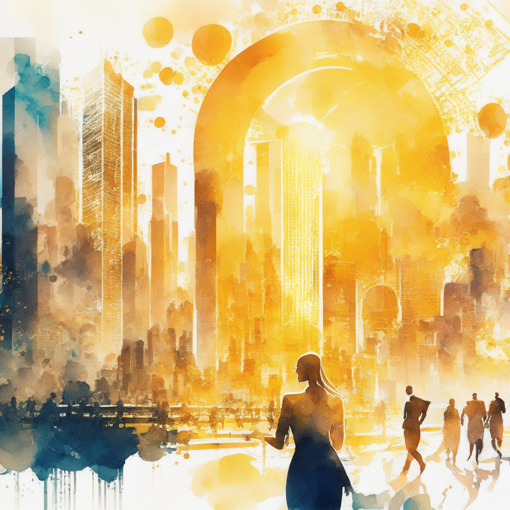 AI-driven financial ecosystem, warm sunlight cast over futuristic cityscape, dynamic blockchain network connections, elegant watercolor style, celebratory mood, silhouettes of people networking, golden hues symbolizing $10M investment, innovative world of Web3 & crypto projects.