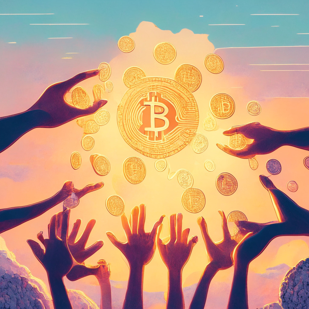 Sunset-lit bitcoin, group of diverse hands holding coins, soothing pastel colors, decentralized connections symbolizing financial system, contrasting wealth distribution balance vs imbalance, sense of harmony, artistic abstract representation of mainstream adoption & price stability.
