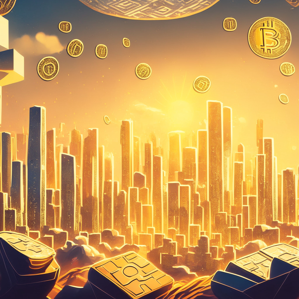 A vast landscape displaying 1 million wallets holding 1 BTC floating in a sky filled with crypto symbols, futuristic city skyline in the background, warm golden sunlight illuminating the scene, optimistic & vibrant atmosphere, abstract style, unique geometric patterns showcasing the evolving market dynamics, focus on small wallet transactions.