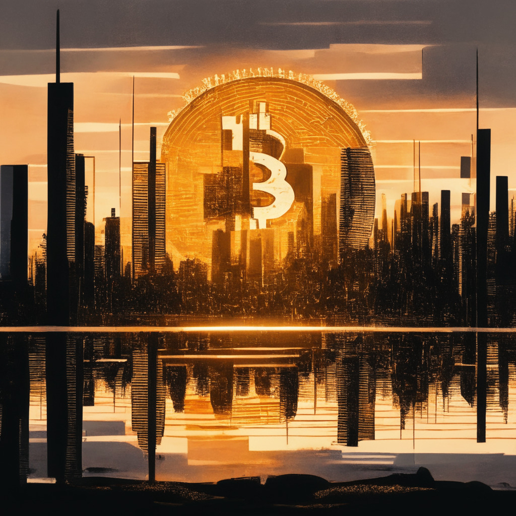 Sunset-lit cityscape with Bitcoin symbol, Australian landscape, financial charts, tension & uncertainty, artistic grayscale palette, dynamic & contrasting shadows, concerned traders, government regulators scrutinizing, hint of urgency, fading AUD symbol, maze of global regulations, perseverance & hope.