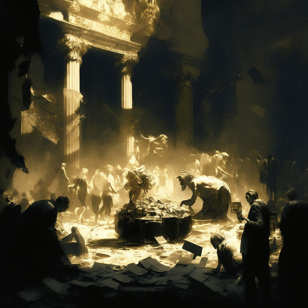 NFT market crash scene, chiaroscuro lighting, baroque style, melancholic atmosphere, tattered virtual lands, crumbled digital tokens, investors discussing amidst chaos, golden triumph NFT in the background, contrasting bright optimism amongst downturn, grayscale with gold accents.