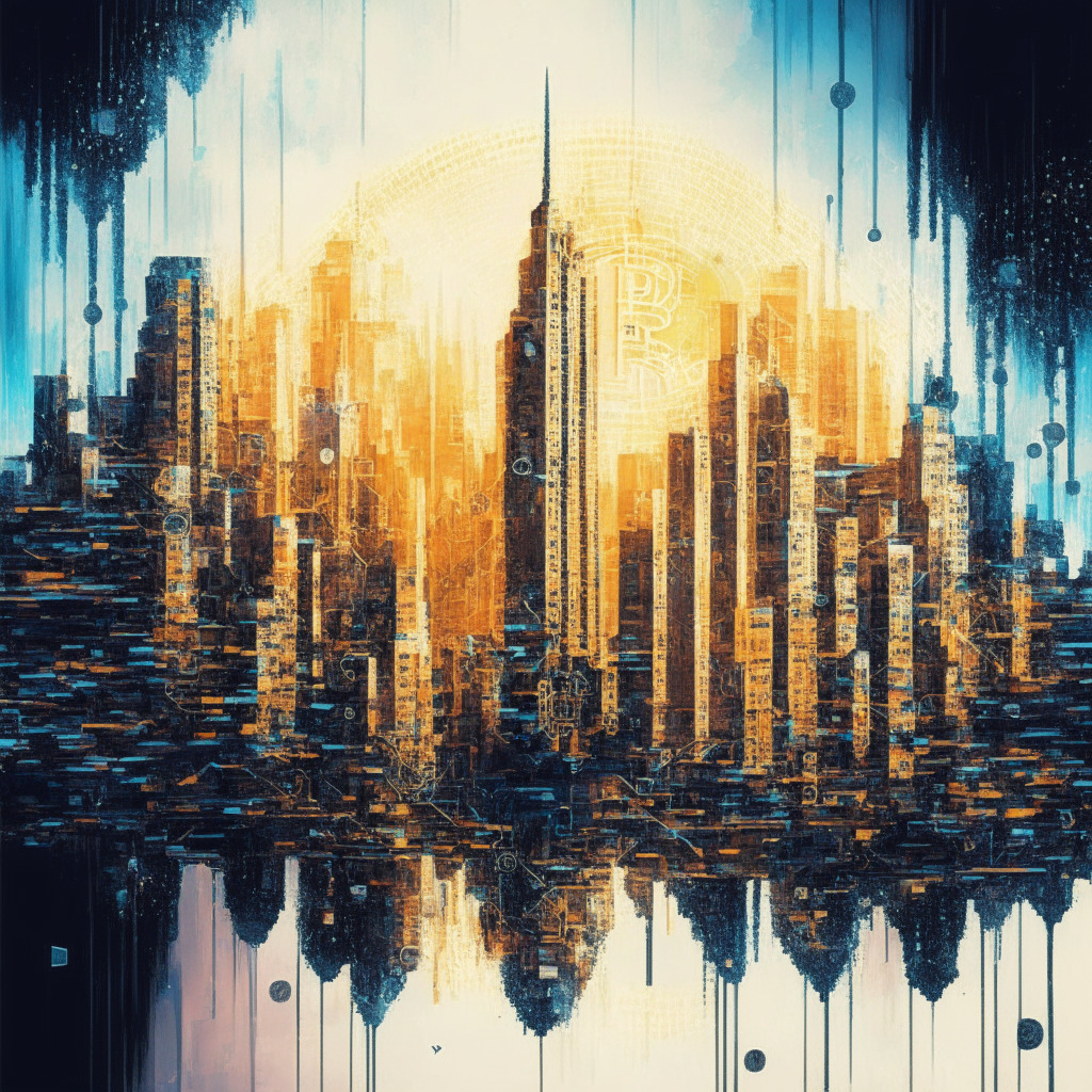 Intricate futuristic city skyline, Bitcoin symbol amidst floating blockchains, contrasting light and shadows, dynamic colors, halving countdown timer, tense atmosphere, abstract patterns symbolizing different perspectives, expressive brushstrokes, intensified mood representing uncertainty & anticipation.