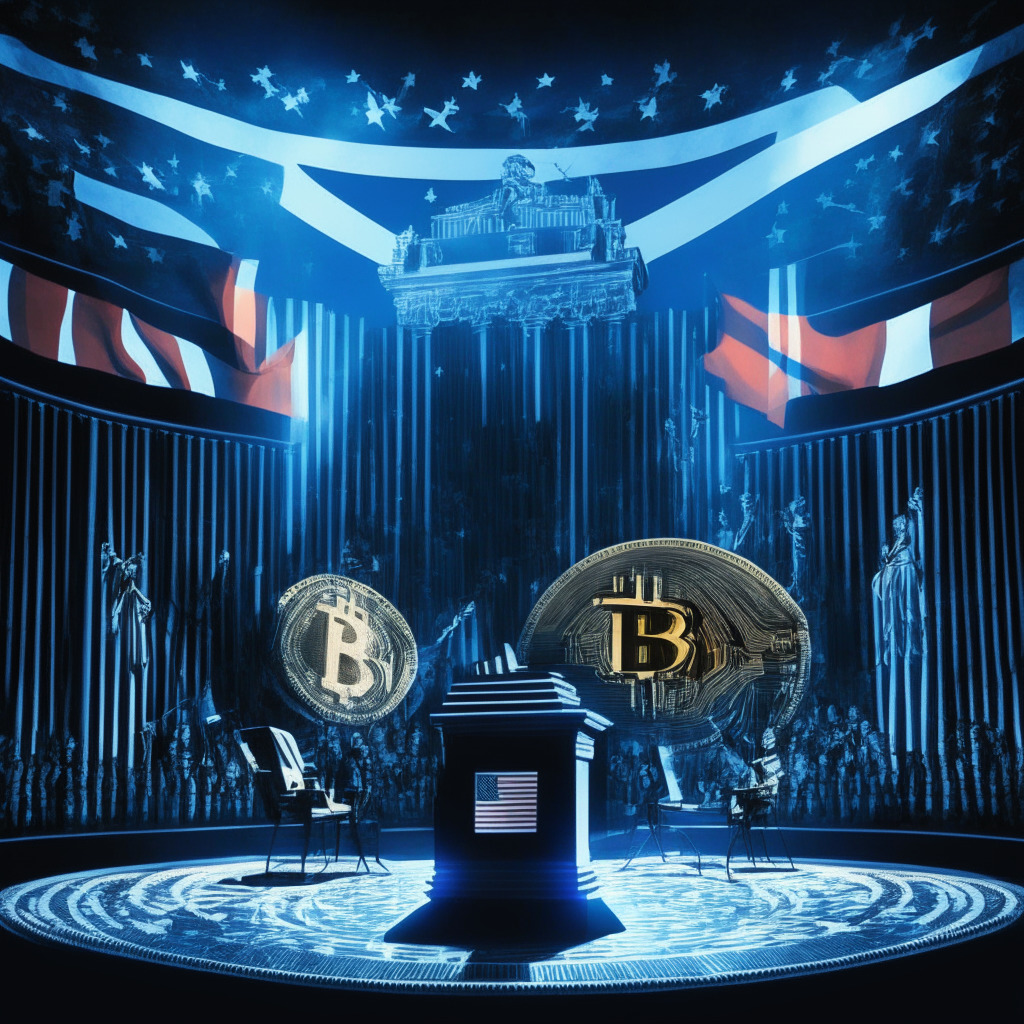 Intricate political debate stage, candidates discussing Bitcoin, futuristic holographic cryptocurrency graphics, chiaroscuro lighting, Baroque art style, tense atmosphere, contrast between pro and anti-Bitcoin stances, US flag in background, digital revolution symbolism.