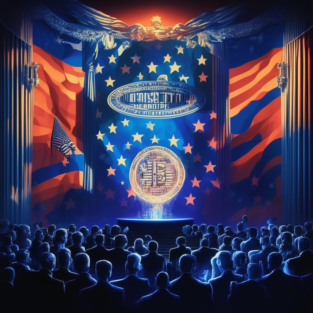 Intricate political stage, diverse cryptocurrency ecosystem, chiaroscuro lighting, intense presidential debate atmosphere, freedom vs. regulation theme, subtle patriotic undertones, contemporary artistic style, dynamic composition, focused on 2024 candidates advocating for crypto policies.