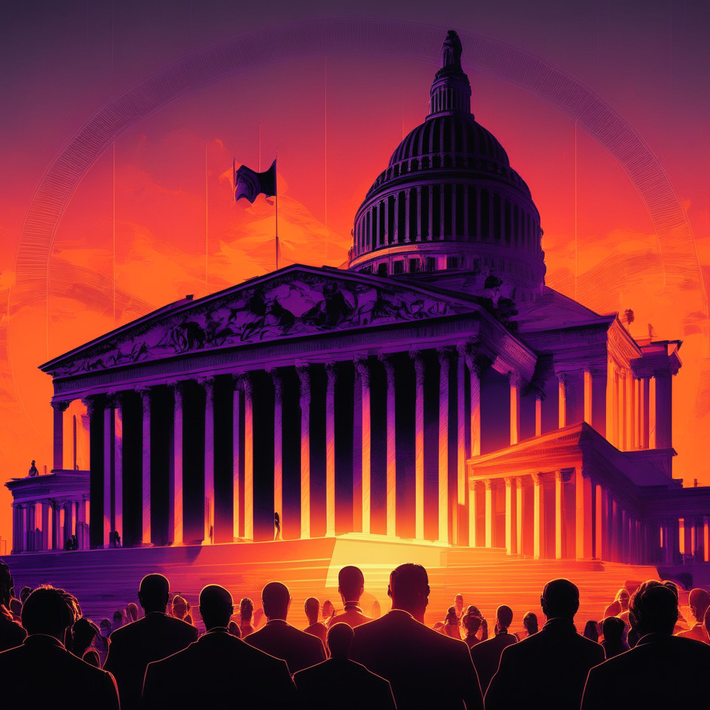2024 US Election Crypto Debate, sunset-lit Capitol building, tense atmosphere, monochromatic colors, contrasting light & shadow, detailed presidential candidates in heated discussions, subtle crypto symbols, artistic strokes of innovation and regulation, glimpse of a Central Bank Digital Currency.