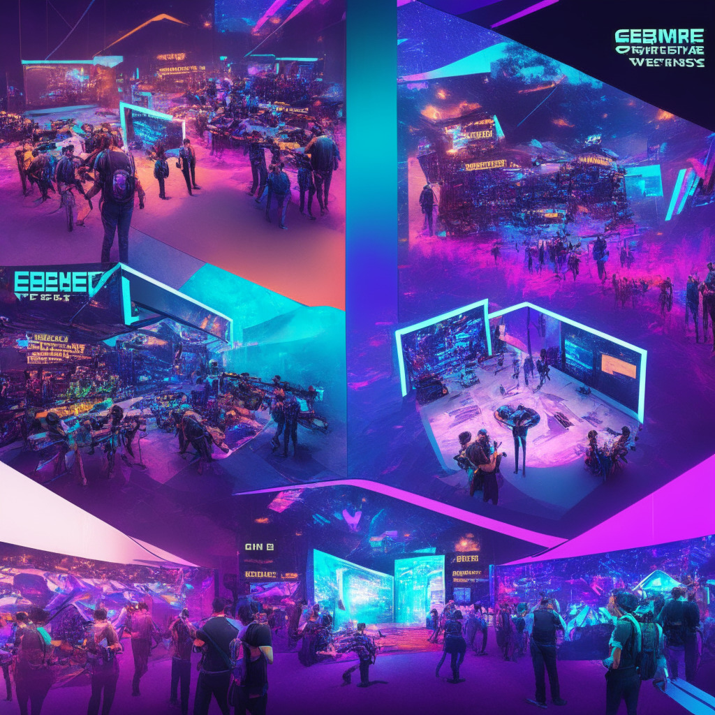 Immersive gaming expo scene, Web3 technology showcase, diverse virtual landscapes, blockchain-inspired designs, 5v5 esports arena, radiant colors, live commentaries, attendees exploring booths & panels, energetic & futuristic mood, digital ownership & open economy theme, innovative gaming elements.