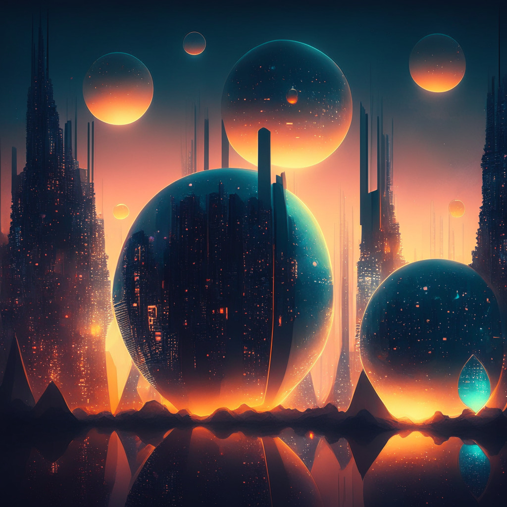 Ethereal cityscape at twilight, warm glow from buildings, futuristic architecture, 7 glowing orbs representing CAKE, INJ, WMS, Ecoterra, Mask, yPredict, QNT, city reflecting progress and innovation, glowing interconnected network, cubist art style, dynamic mood evoking excitement and possibilities.
