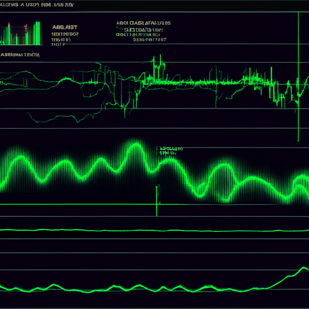 AGIX price chart scene: downtrending channel pattern, three lower highs, two lower lows, stylistic neon lines, a bullish breakout above trendline, light rays shining from above, dynamic upward motion showing 6.35% intraday gain, Bollinger Bands widening, RSI rising to 56%, blended midnight blue and cryptocurrency green palette, mood of cautious optimism.
