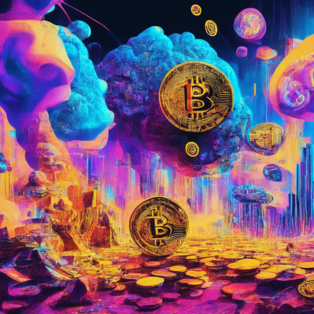 AI-driven crypto coins intermingling with meme culture, futuristic technological landscape, radiant neural network backdrop, pulsating colors of risk and high rewards, playful humor infused finance, intertwining digital art of memes and blockchain, mysterious haze of uncertain future, dynamically styled investment environment, daringly vibrant mood.