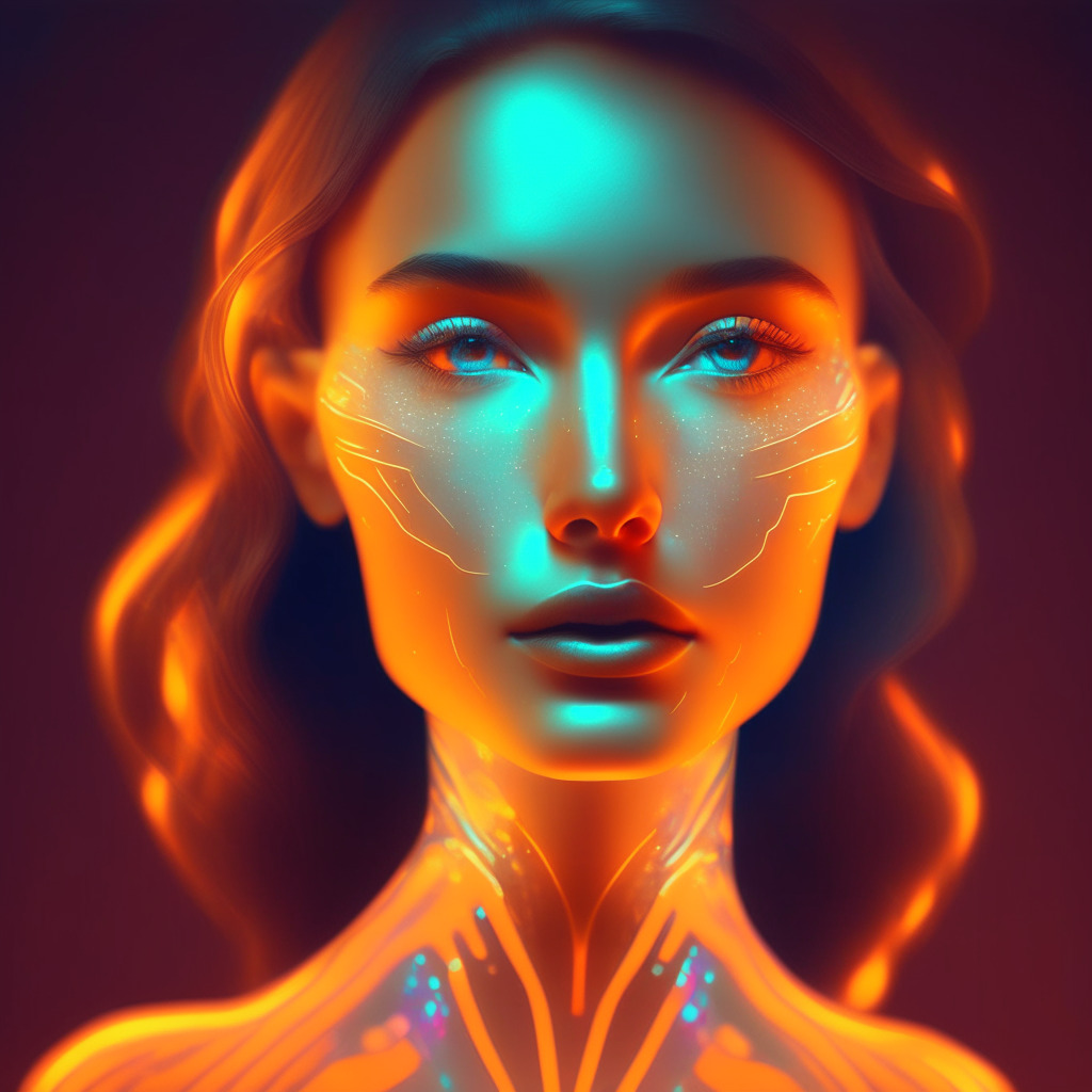 AI-powered celebrity avatar, warm color palette, soft lighting, futuristic aesthetic, curiosity-driven atmosphere, interactive mood, holographic virtual environment, engaging experience, virtual companions, ethical questions surrounding AI, balance of support and concern, emotional connections, complex human-AI relationships.