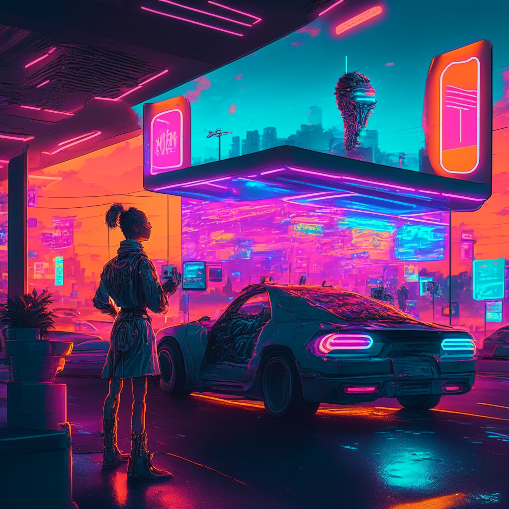 AI chatbot in fast food drive-thru, intricate cyberpunk cityscape, glowing neon lights, customer interacting with AI screen, vivid sunset hues, contrasting emotions of futuristic innovation and human loss, blend of optimism & wariness, busy urban setting, bustling fast food restaurant background.
