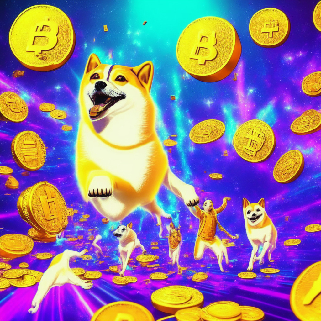 Futuristic AI coin mania scene, AI Doge & meme generation, golden coins soaring skyward, vivid colors, neo-pop art, radiant light, energetic atmosphere, both comical and cutting-edge mood, user-generated memes, investors in excitement, machine-learning technology, ChatGPT elements, community engagement, vibrant voting platforms, captivating earning potential.