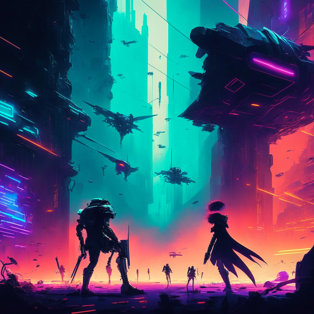 AI battle scene, Google vs. Open-source communities, cyberpunk-inspired cityscape, contrasting light and shadows, Google represented by sleek futuristic tech, Open-source symbolized by diverse, decentralized machinery, dynamic atmosphere, tension-filled air, glowing neon hues, subtle foreshadowing of collaboration, artistic blend of utopian and dystopian styles.