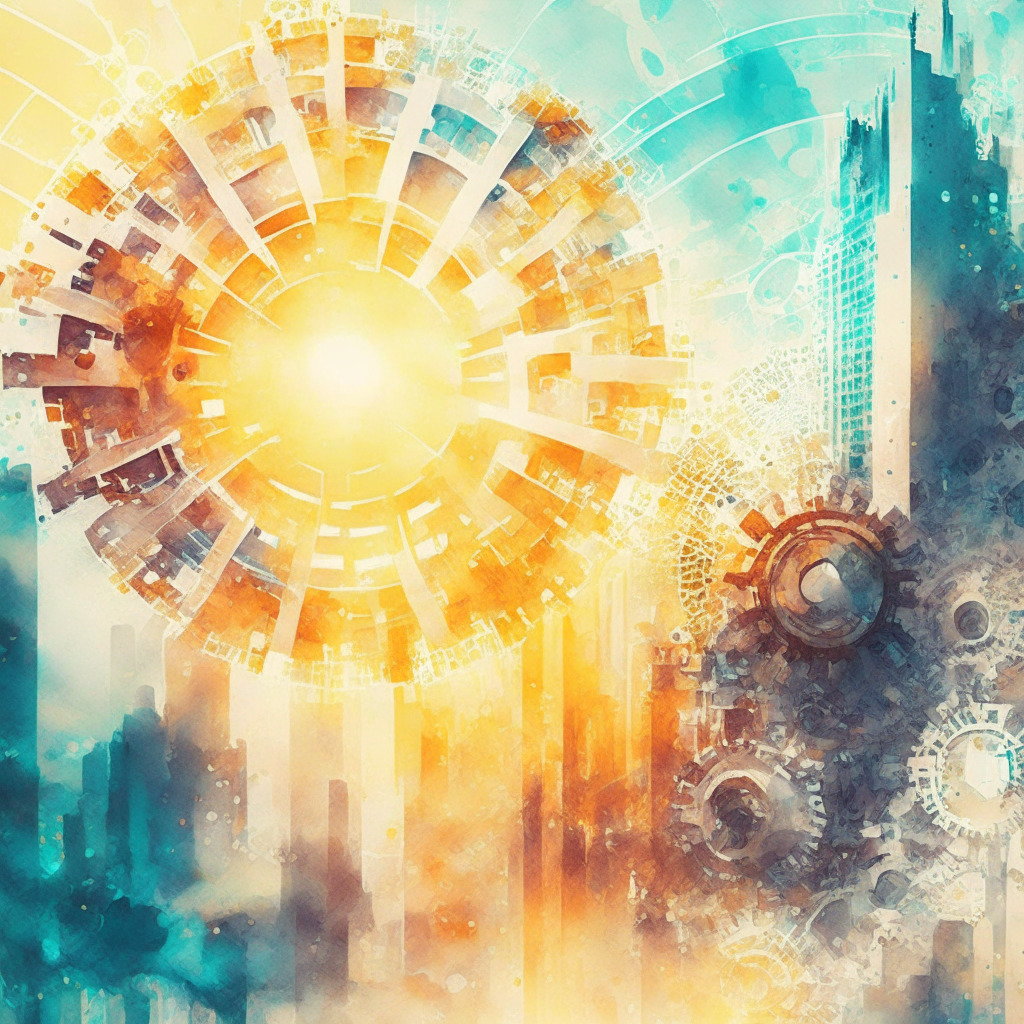 AI-driven finance scene, intricate digital gears meshing together, sunlight streaming through futuristic cityscape, soft watercolor strokes, mood: a blend of hope & caution, focus: ChatGPT providing personalized budgeting, investing, debt management, retirement planning advice, question of reliability & human expertise in the balance.