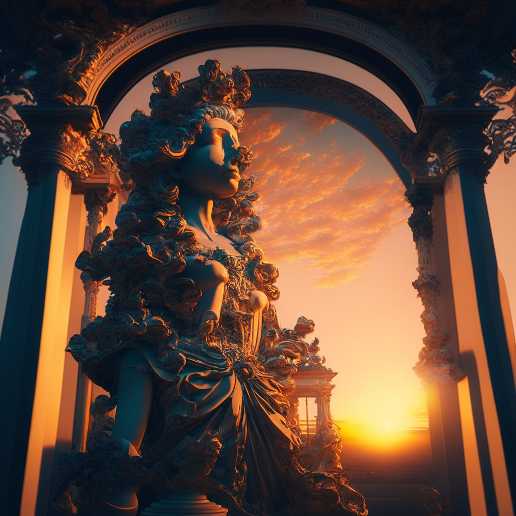 AI-generated art revolution, Baroque style, sunset lighting, intricate detailing, introspective mood, human-AI collaboration, text-to-image tools, ethical concerns, NFTs, unprecedented artistic expression, embracing change, diverse art future.