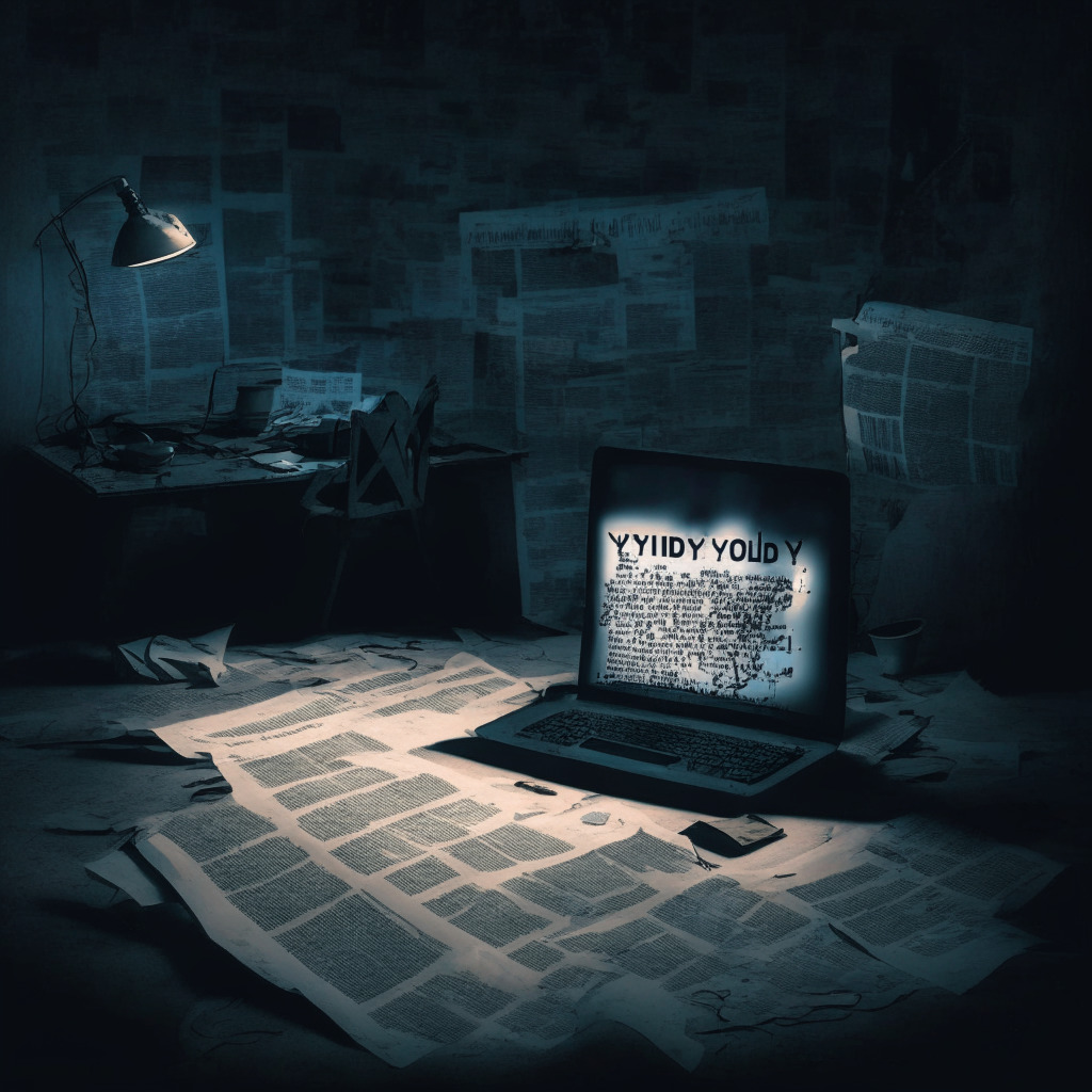 Mood: Intriguing and cautionary, Artistic style: Realistic and captivating, Light setting: Dimly lit room suggesting mystery, Scene: A faded newspaper headline surrounded by digital AI symbols, a shadowy figure behind a laptop, a broken trust symbol in the background, a mix of positive and negative reactions on social media platforms.