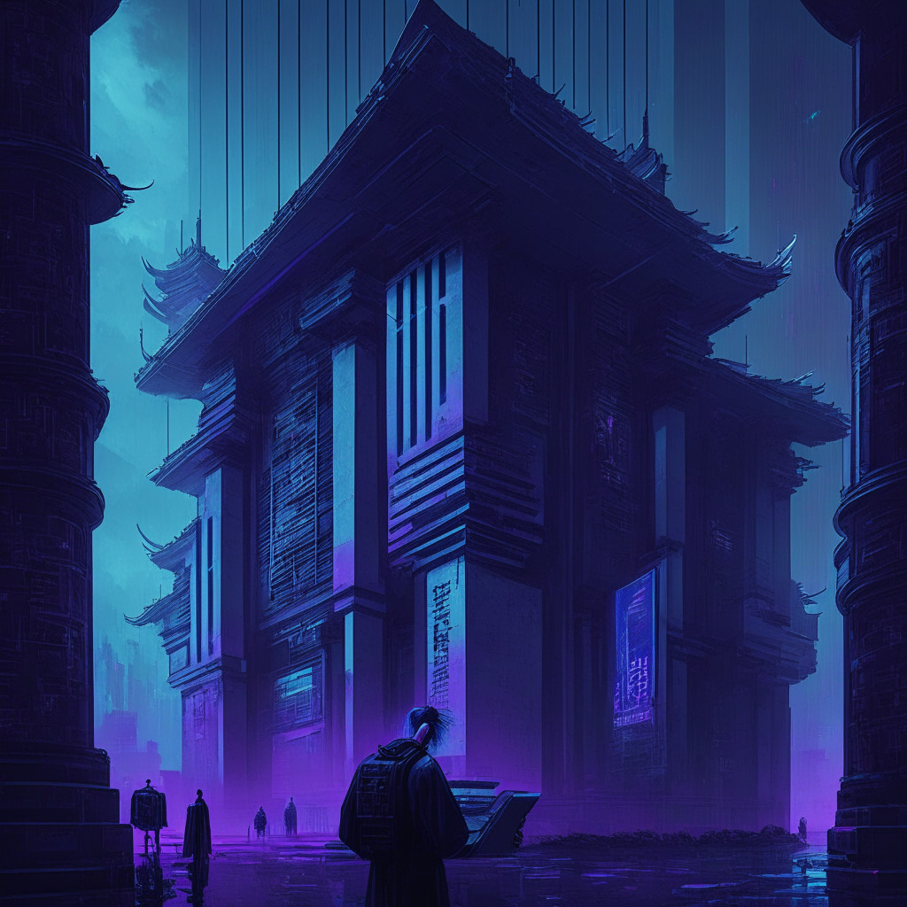Dystopian cityscape, cyberpunk aesthetic, imposing government building, anxious citizens reading AI-generated fake news, high contrast lighting, dark purple and blue hues, surrealist art style, tense and unsettling atmosphere, AI technology blending with traditional Chinese architecture, symbolic representation of innovation and strict regulations.
