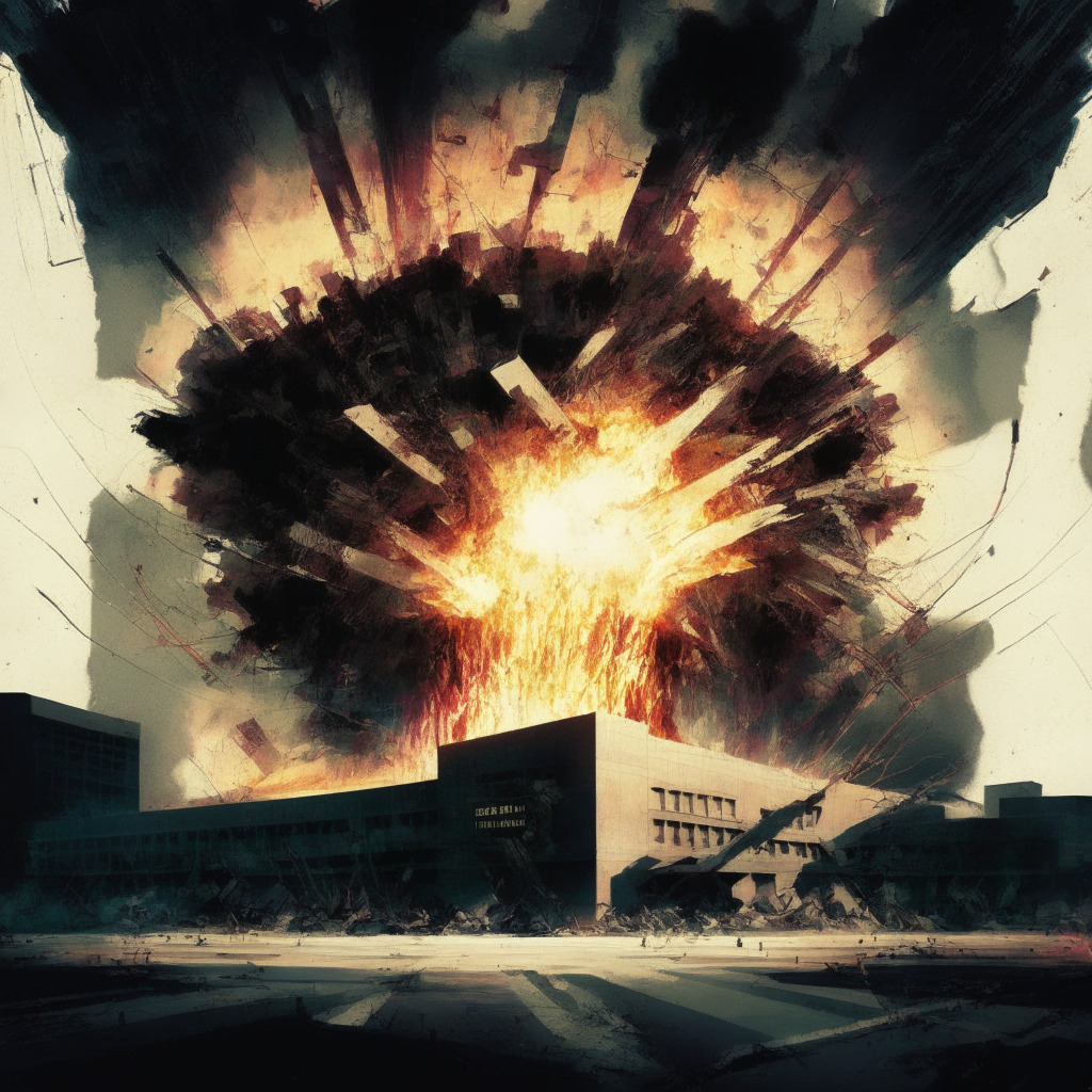 AI-generated chaotic image of an explosion at the Pentagon, attention-grabbing headlines and text, dramatic lighting and shadows, a sense of urgency and tension, distorted and glitchy elements to convey misinformation, a mix of cyberpunk and impressionist art styles, ominous mood tinged with skepticism.