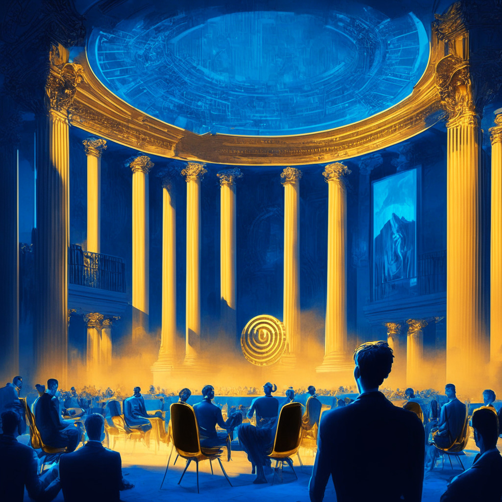 AI Congress scene with Sam Altman, chiaroscuro lighting, Baroque style, Worldcoin project, futuristic cityscape background, gold and blue tones, intense discourse, tension between innovation and safety, subtle crypto and AI symbols integrated, contemplative mood, air of anticipation.