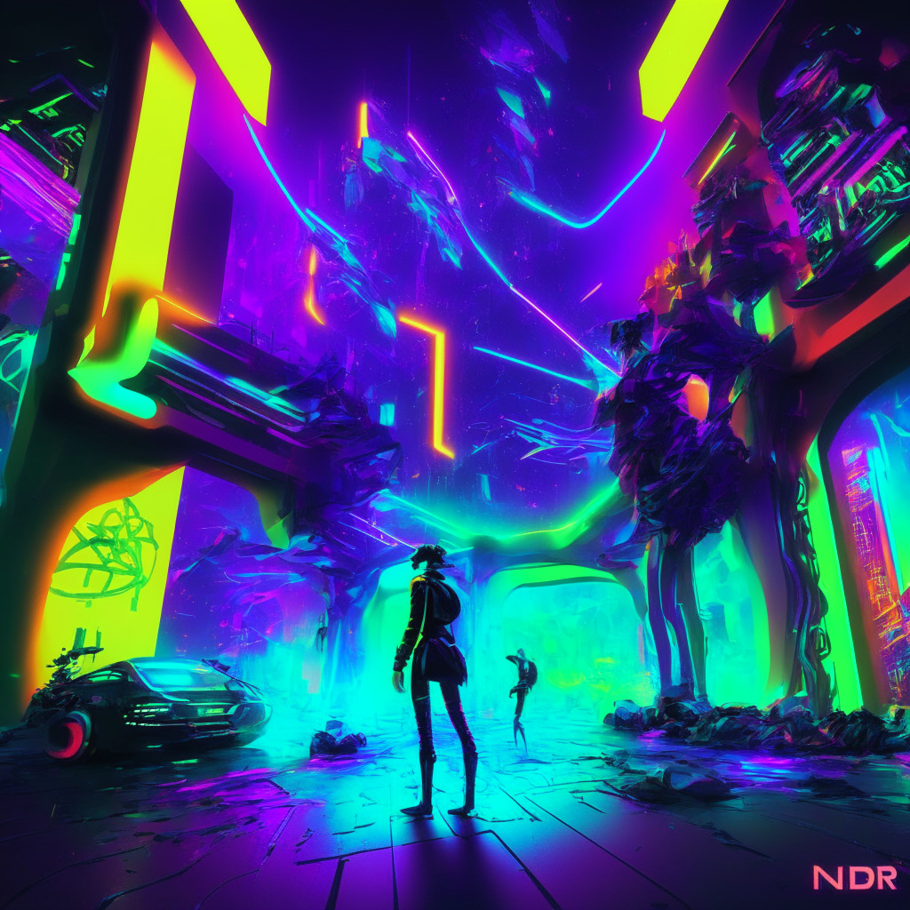 Futuristic AI-driven metaverse scene, RNDR token & Nvidia booming, glowing light sources, bold digital strokes, bright color palette, euphoric mood, silhouettes discussing AI advancements, cyberspace backdrop, AR/VR headset in focus, cautionary hint, 3D-rendered graphics.